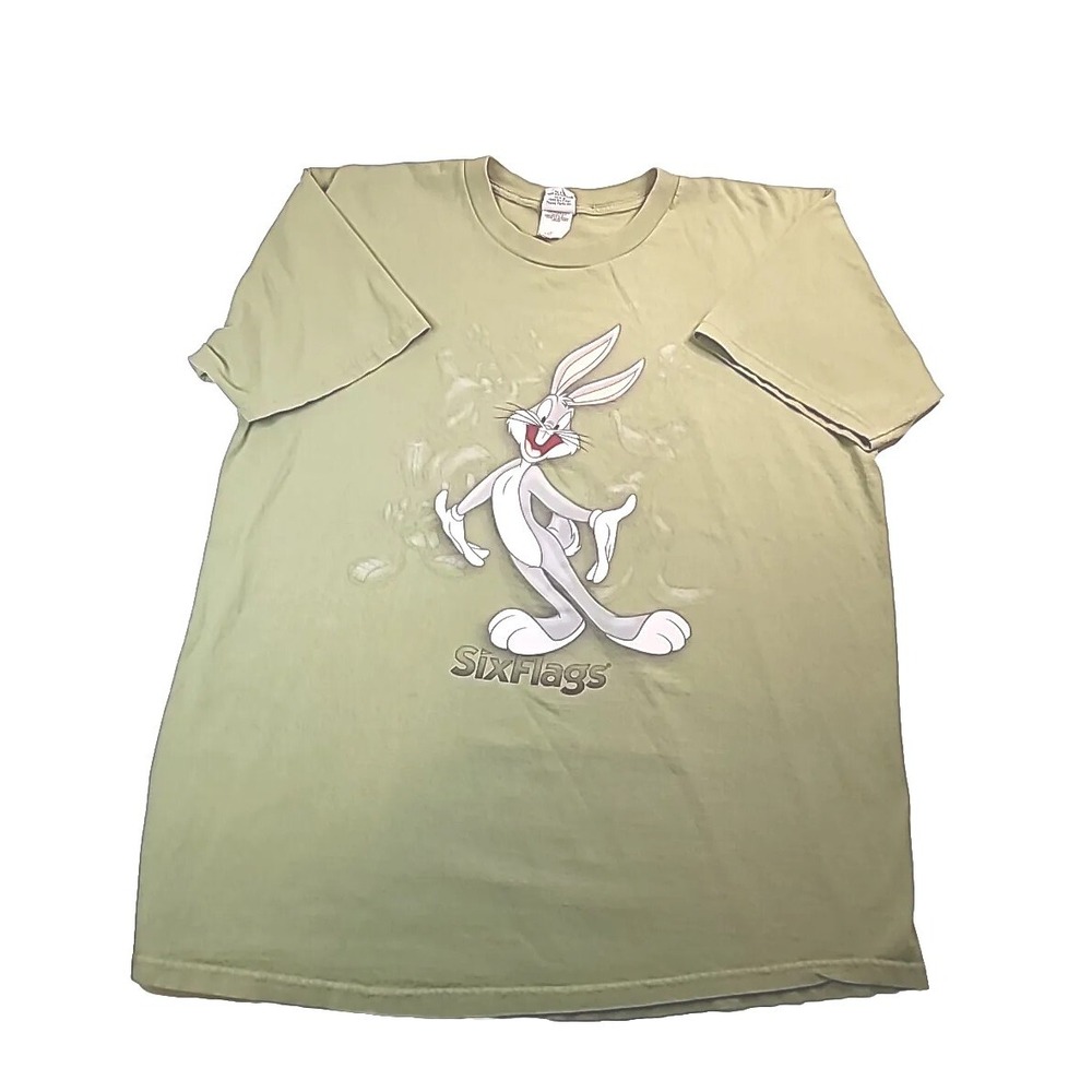 90s Bugs Bunny‎ Six Flags License XL T Shirt Short Sleeve Army Green Graphic Vtg